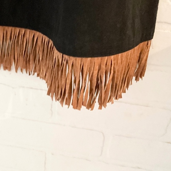 Vintage Maxi Denim Skirt Western Native Black Brown Suede Fringe Trim 12 - Picture 3 of 12